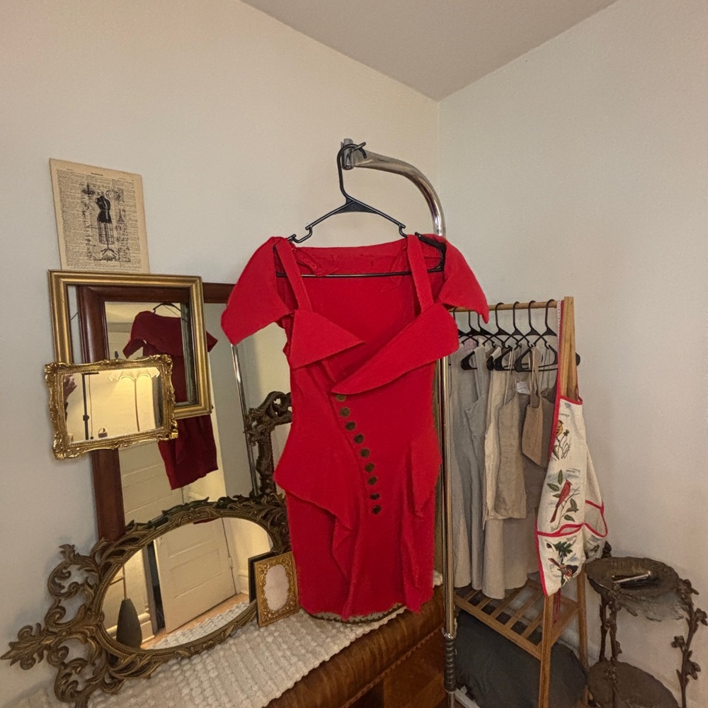 VTG Red Off the Shoulder Peplum Button-Down Dress, ca 1980